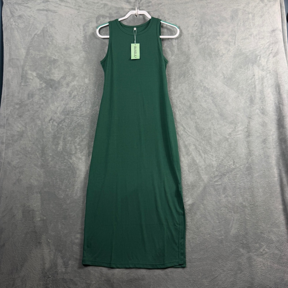 Auselily Womens L Green Maxi Dress Ribbed Sleeveless Side Slit Quiet Luxury NWT